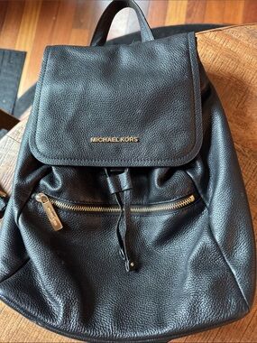 Michael Kors Black Pebbled Leather Backpack with Gold Hardware Accent